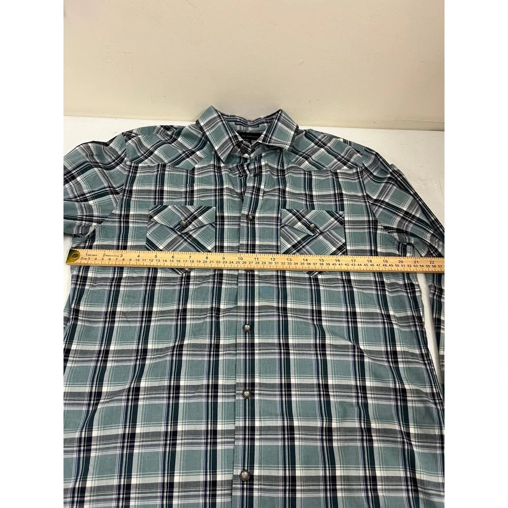 Banana Republic Mens M‎ Western Snap Front Plaid Shirt Teal Navy Long Sleeve
